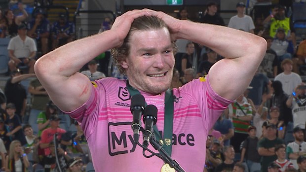 Liam Martin reacts after winning the Clive Churchill Medal in the NRL Grand Final.