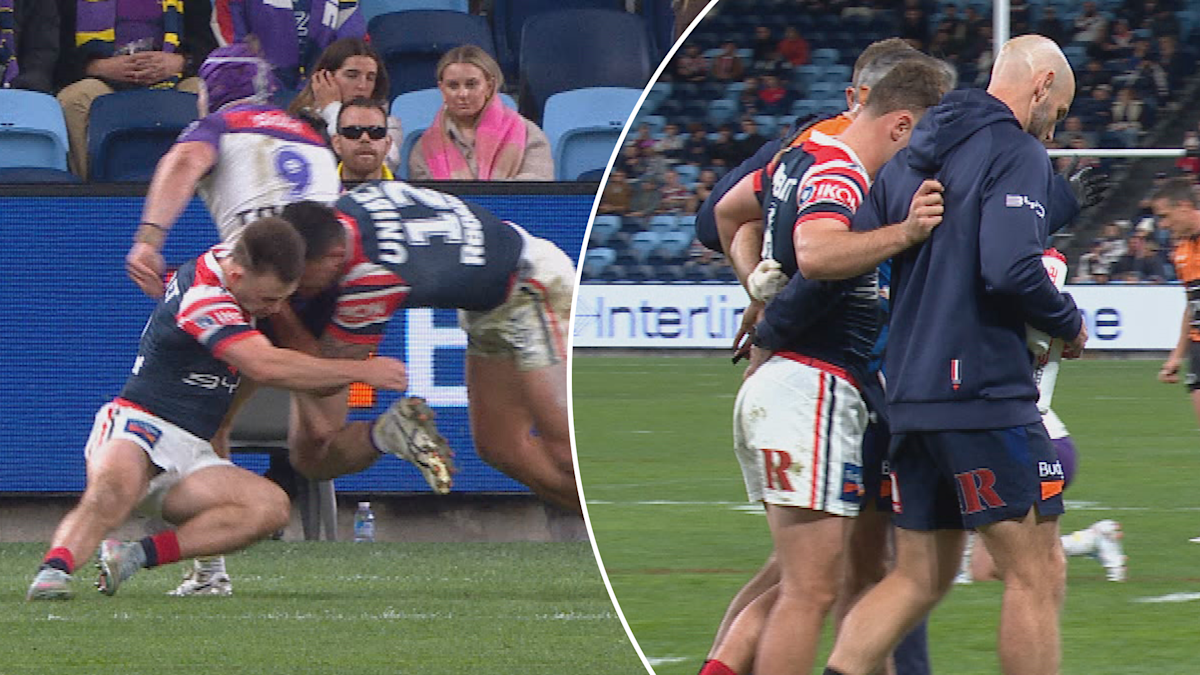 NRL news 2025: Sydney Roosters star Sandon Smith forced off after 'friendly  fire' collision against Melbourne Storm, video, result