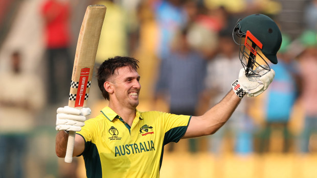 Mitch Marsh of Australia celebrates their century during the ICC Men's Cricket World Cup India 2023 between Australia and Pakistan at M. Chinnaswamy Stadium on October 20, 2023 in Bangalore, India. (Photo by Robert Cianflone/Getty Images)