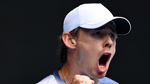 Alex de Minaur of Australia celebrates a point against Tristan Boyer of the United States.