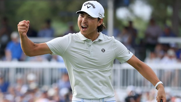 Min Woo Lee of Australia celebrates after a putt on the 18th hole green during the final round of the Texas Children's Houston Open 2025 at Memorial Park Golf Course on March 30, 2025 in Houston, Texas. (Photo by Kenneth Richmond/Getty Images)