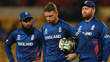 Adil Rashid, Jonny Bairstow and Jos Buttler after England's loss to India. 