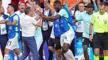 Head coach Ralf Rangnick of Austria and Kevin Danso celebrate a Euros victory.