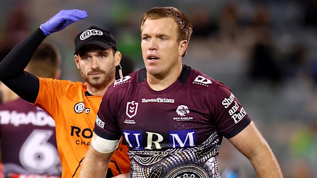 Jake Trbojevic of the Sea Eagles was knocked out against the Raiders.