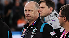ADELAIDE, AUSTRALIA - SEPTEMBER 16: Ken Hinkley, Senior Coach of the Power after their loss during the 2023 AFL Second Semi Final match between the Port Adelaide Power and the GWS GIANTS at Adelaide Oval on September 16, 2023 in Adelaide, Australia. (Photo by James Elsby/AFL Photos via Getty Images)