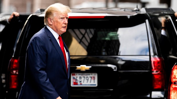 Former President Donald Trump departs Trump Tower, Wednesday, Aug. 10, 2022, in New York, on his way to the New York attorney general's office for a deposition in a civil investigation. (AP Photo/Julia Nikhinson)