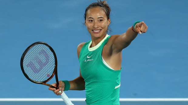 Qinwen Zheng of China celebrates winning match point during their quarterfinals singles match against Anna Kalinskaya during the 2024 Australian Open at Melbourne Park on January 24, 2024 in Melbourne, Australia. (Photo by Julian Finney/Getty Images)