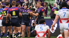 MELBOURNE, AUSTRALIA - JUNE 09: Harry Grant of the Storm celebrates Storm making a fast break and Nick Meaney of the Storm scoring just prior to the half time siren during the round 14 NRL match between Melbourne Storm and Newcastle Knights at AAMI Park, on June 09, 2024, in Melbourne, Australia. (Photo by Kelly Defina/Getty Images)