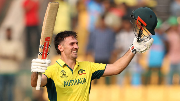 Mitch Marsh of Australia celebrates their century during the ICC Men's Cricket World Cup India 2023 between Australia and Pakistan at M. Chinnaswamy Stadium on October 20, 2023 in Bangalore, India. (Photo by Robert Cianflone/Getty Images)