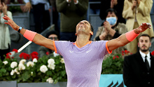 Rafael Nadal of Spain celebrates victory against Alex de Minaur of Australia in the Men's Singles Round of 64 match during Day Five of the Mutua Madrid Open at La Caja Magica on April 27, 2024 in Madrid, Spain. (Photo by Clive Brunskill/Getty Images)