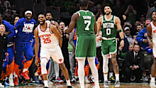 BOSTON, MA - MAY 7: Mikal Bridges #25 of the New York Knicks celebrates during the game against the Boston Celtics during Round 2 Game 2 on May 7, 2025 at TD Garden in Boston, Massachusetts. NOTE TO USER: User expressly acknowledges and agrees that, by downloading and/or using this Photograph, user is consenting to the terms and conditions of the Getty Images License Agreement. Mandatory Copyright Notice: Copyright 2025 NBAE (Photo by Brian Babineau/NBAE via Getty Images)