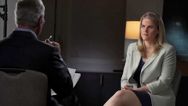 In this Sept. 16, 2021, photo provided by CBS, Facebook whistleblower Frances Haugen talks with CBS' Scott Pelley on "60 Minutes" in the USA.