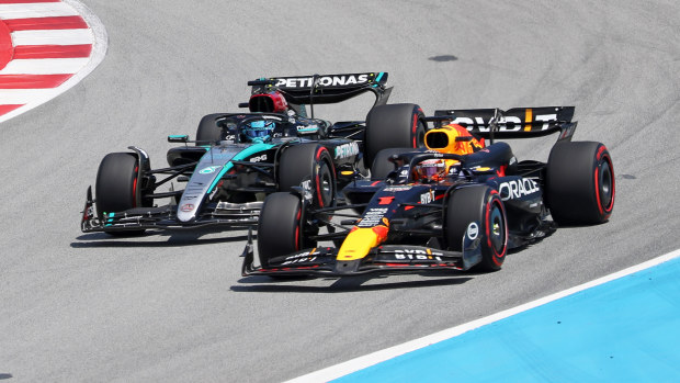 Max Verstappen, from Oracle Red Bull Racing team, is driving a Red Bull and passing George Russell during the race of the Formula 1 Aramco Spanish Grand Prix, held at the Barcelona Catalunya circuit, in Barcelona, Spain, on June 23, 2024. (Photo by Joan Valls/Urbanandsport /NurPhoto)