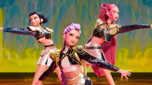 Zoey, from left, Rumi and Mira in a scene from KPop Demon Hunters.