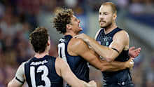 BRISBANE, AUSTRALIA - MARCH 08: Harry McKay of the Blues celebrates a goal during the 2024 AFL Opening Round match between the Brisbane Lions and the Carlton Blues at The Gabba on March 08, 2024 in Brisbane, Australia. (Photo by Russell Freeman/AFL Photos via Getty Images)