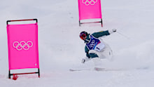 Australia's Jakara Anthony stumbles during the women's freestyle skiing moguls finals at the 2026 Winter Olympics, in Livigno, Italy, Wednesday, Feb. 11, 2026. (AP Photo/Lindsey Wasson)