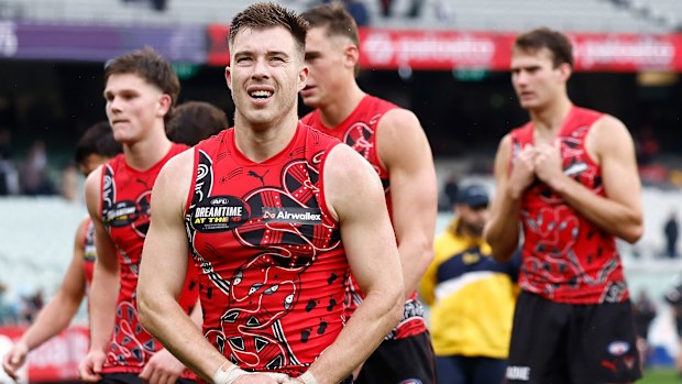Zach Merrett of the Bombers looks dejected after a loss during the 2026 AFL Round 10 match between the Essendon Bombers and Walyalup (Fremantle Dockers) at the Melbourne Cricket Ground on May 17, 2026 in Melbourne, Australia. (Photo by Michael Willson/AFL Photos via Getty Images)
