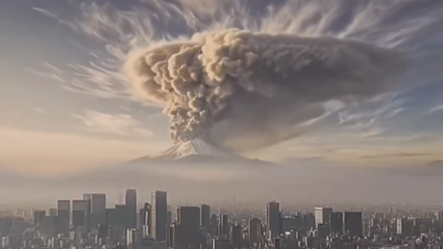 A screenshot of an AI video released by Japan's government, warning of the impacts on Tokyo if Mount Fuji was to erupt.