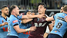 Tino Fa'asuamaleaui and NSW players in a scuffle in game two of the 2025 State of Origin series.