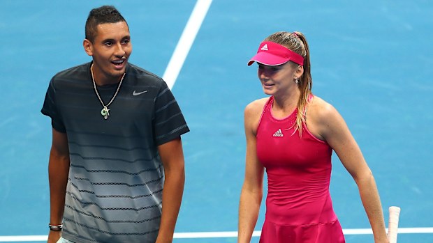 Daniela Hantuchova and Nick Kyrgios discuss tactics in Manila in 2014.
