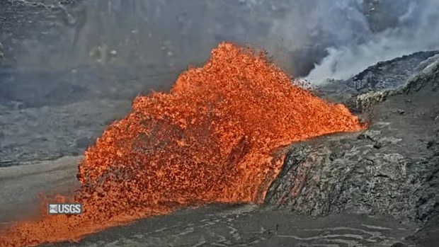 In this screenshot taken from video provided by the U.S. Geological Survey, the Kilauea volcano spews lava on Friday, Aug. 22, 2025, in Hawaii Volcanoes National Park, Hawaii. (U.S. Geological Survey via AP)