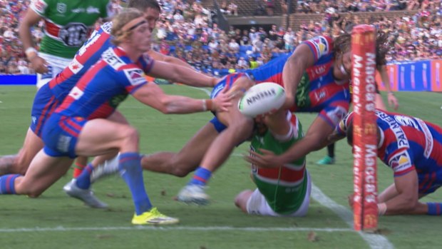 Latrell Mitchell loses the ball in a late bid to score a try.