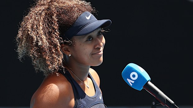 Naomi Osaka is interviewed after winning her Australian Open quarter-final.