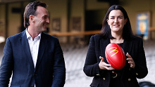 MELBOURNE, AUSTRALIA - AUGUST 28: Incoming AFL Chief Executive Andrew Dillon and newly appointed AFL Executive General Manager Football Laura Kane are seen during an AFL Media Opportunity at Marvel Stadium on August 28, 2023 in Melbourne, Australia. (Photo by Michael Willson/AFL Photos via Getty Images)