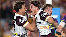Reece Walsh of the Broncos celebrates.