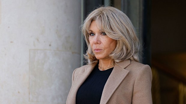 Brigitte Macron, the wife of France's President Emmanuel Macron, looks on at the Elysee Palace in Paris on March 27.