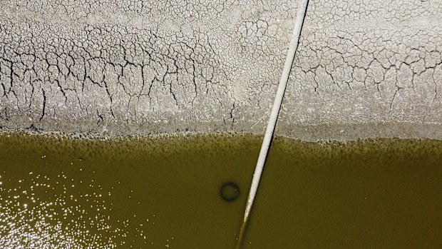 An aerial photograph taken on August 10, 2022 shows Euston Estate farm's depleted reservoirs, in Euston, outside Thetford.  
