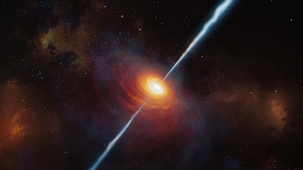 This artists impression shows how the distant quasar P172+18 and its radio jets may have looked. To date (early 2021), this is the most distant quasar with radio jets ever found and it was studied with the help of ESOs Very Large Telescope. It is so distant that light from it has travelled for about 13 billion years to reach us: we see it as it was when the Universe was only about 780 million years old.