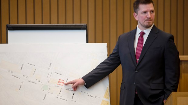 Prosecutor Shawn Overstreet presents his opening statement at the murder trial of romance writer Nancy Crampton Brophy in Portland.