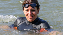 PARIS, FRANCE - JULY 17: Mayor of Paris Anne Hidalgo is seen swimming in the river Seine on July 17, 2024 in Paris, France. The city's mayor took a dip in the Seine amid concerns over water cleanliness ahead of the Olympic Games, in which the river will host triathlon and marathon swimming events. (Photo by Pierre Suu/Getty Images)