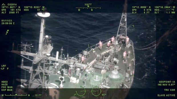 This image made from a video provided by the US Coast Guard District 14 Hawaii Pacific and dated January 2023 shows a Russian ship patrolling off the coast of Hawaii. 
