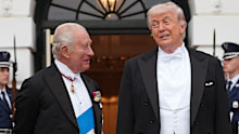 President Donald Trump greets Britain's King Charles III at the South Portico of the White House for a State Dinner Tuesday, April 28, 2026, in Washington. (AP Photo/Alex Brandon)