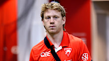 SYDNEY, AUSTRALIA - OCTOBER 04: Callum Mills arrives at a Sydney Swans AFL press conference at Sydney Swans HQ on October 04, 2023 in Sydney, Australia. (Photo by Brendon Thorne/Getty Images)