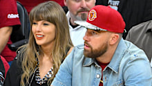 CLEVELAND, OHIO - MAY 23: (L-R) Singer Taylor Swift and Travis Kelce of the Kansas City Chiefs attend Game Three between the New York Knicks and the Cleveland Cavaliers in the NBA Eastern Conference Finals at Rocket Arena on May 23, 2026 in Cleveland, Ohio. NOTE TO USER: User expressly acknowledges and agrees that, by downloading and or using this photograph, User is consenting to the terms and conditions of the Getty Images License Agreement. (Photo by Jason Miller/Getty Images)