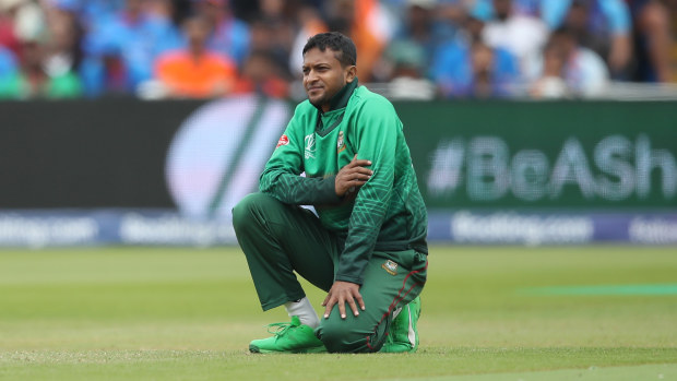BIRMINGHAM, ENGLAND - JULY 02: Shakib Al Hasan of Bangladesh looks on during the Group Stage match of the ICC Cricket World Cup 2019 between Bangladesh and India at Edgbaston on July 02, 2019 in Birmingham, England. (Photo by Christopher Lee-ICC/ICC via Getty Images)