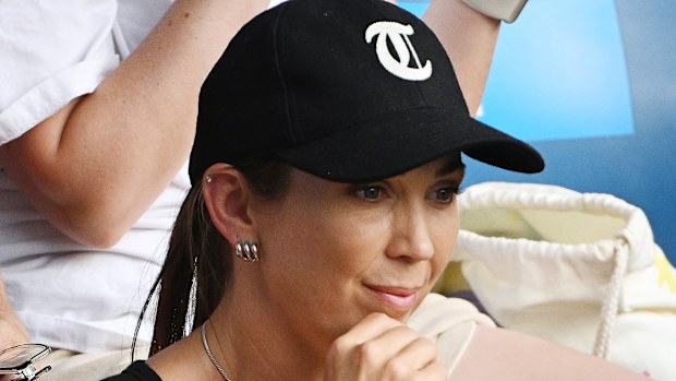 Bec Hewitt watches son Cruz play Jan Kumstat.