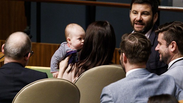 New mum Jacinda Arden appeared at the UN with her partner Clarke Gayford and their daughter Neve