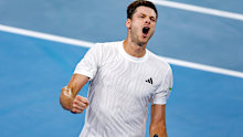 Hubert Hurkacz of Poland celebrates match point.