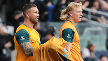 Quade Cooper (left) and Carter Gordon warm up before The Rugby Championship & Bledisloe Cup match between the All Blacks and Wallabies in Dunedin.