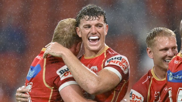 Jack Bostock celebrates the Dolphins win over the Storm at Suncorp Stadium.