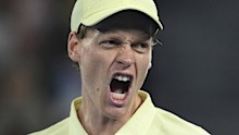 Jannik Sinner of Italy reacts during his semifinal match against Ben Shelton of the U.S. at the Australian Open tennis championship in Melbourne, Australia, Friday, Jan. 24, 2025. (AP Photo/Ng Han Guan)