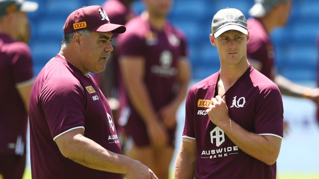 Mal Meninga talks to Daly Cherry-Evans at Queensland training.