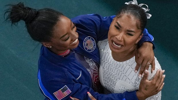 Jordan Chiles and Simone Biles celebrate after the women's artistic gymnastics individual floor finals.