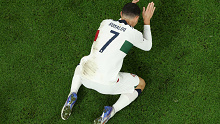 DOHA, QATAR - DECEMBER 10: Cristiano Ronaldo of Portugal looks dejected after their sides' elimination from the tournament during the FIFA World Cup Qatar 2022 quarter final match between Morocco and Portugal at Al Thumama Stadium on December 10, 2022 in Doha, Qatar. (Photo by Lars Baron/Getty Images)