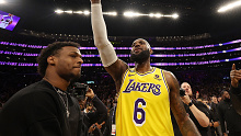 LeBron James #6 of the Los Angeles Lakers reacts with Bronny James after scoring to pass Kareem Abdul-Jabbar to become the NBA's all-time leading scorer, surpassing Abdul-Jabbar's career total of 38,387 points against the Oklahoma City Thunder at Crypto.com Arena on February 07, 2023 in Los Angeles, California. NOTE TO USER: User expressly acknowledges and agrees that, by downloading and or using this photograph, User is consenting to the terms and conditio