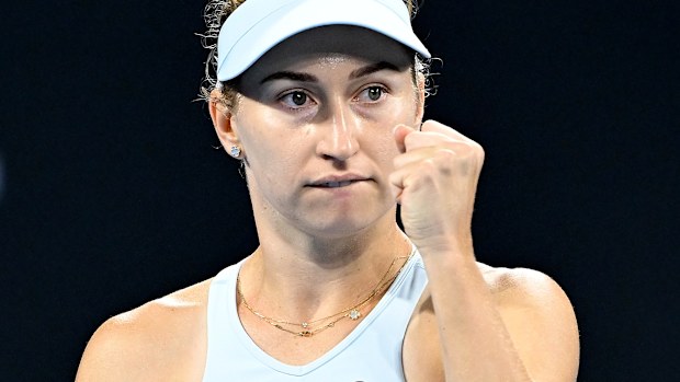 Daria Saville celebrates after winning a point in her match against Dayana Yastremska during day two of the 2024 Brisbane International.